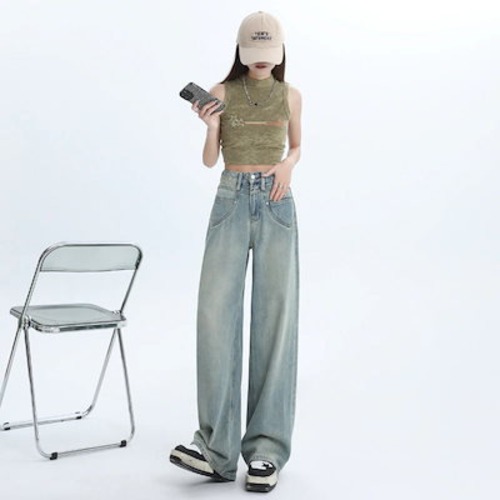 アメリカンレトロドレープワイドレッグジーンズレディースハイウエストゆったりスリミングヒップカバーファッショナブルオールマッチストレートパンツ