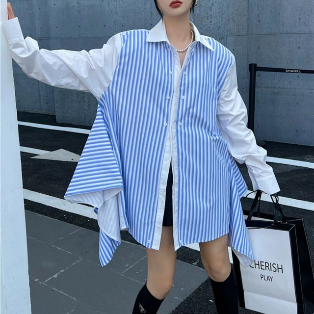 Striped Patchwork Oversized Shirt 01440