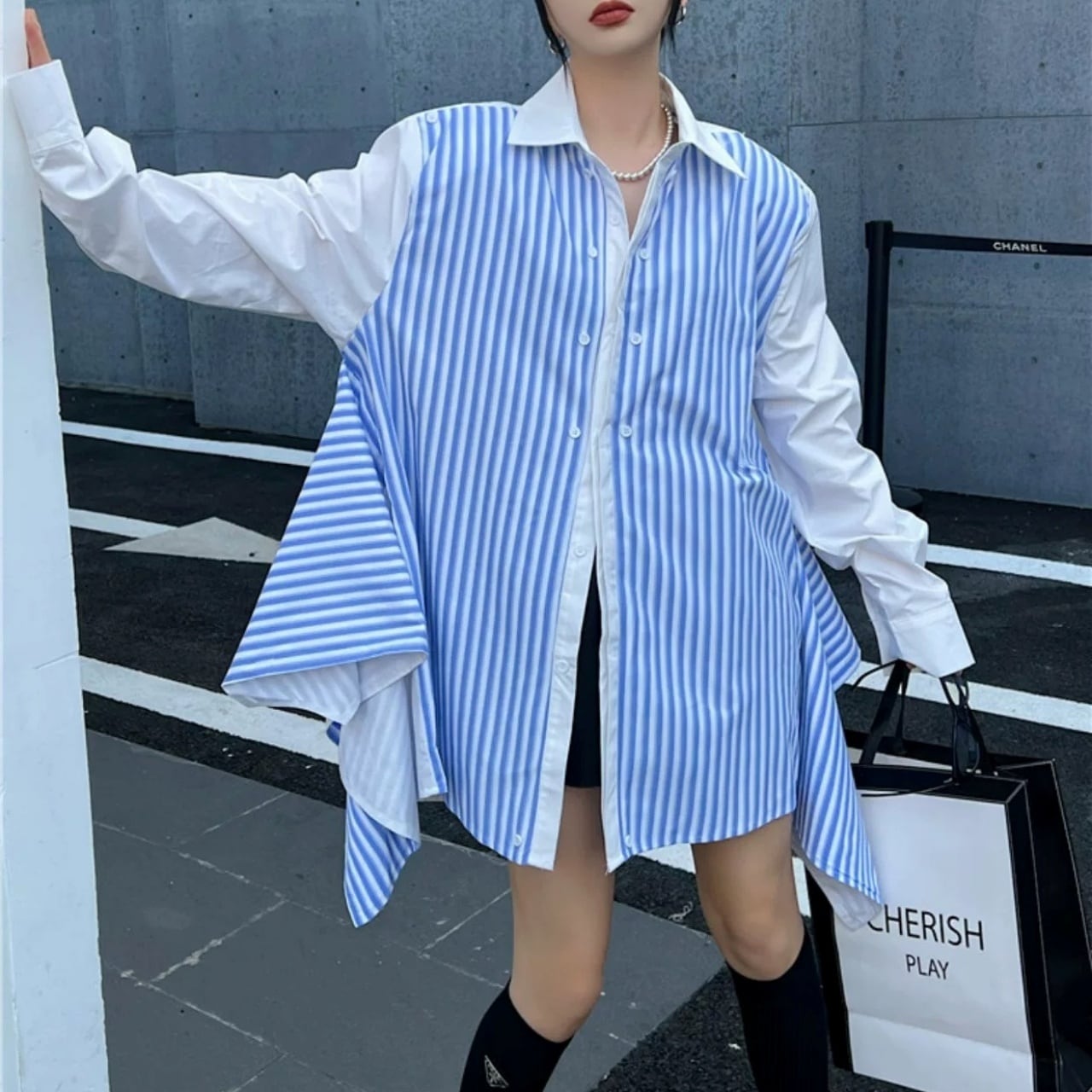 Striped Patchwork Oversized Shirt 01440