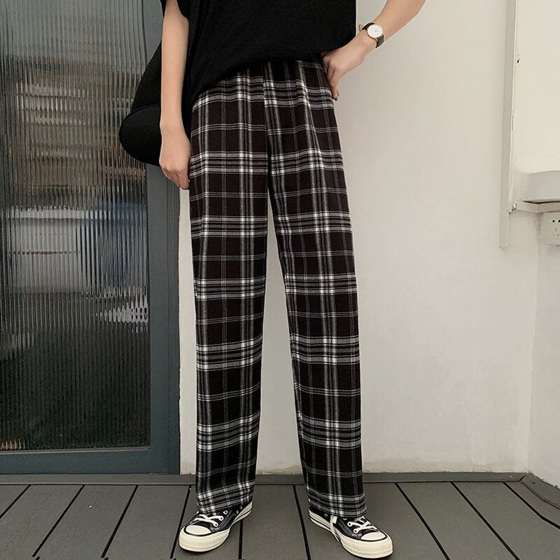 スタンダード格子柄パンツ スプリングハイウェストスリムカジュアルロング レトロ 春物 1号婦人30180630204