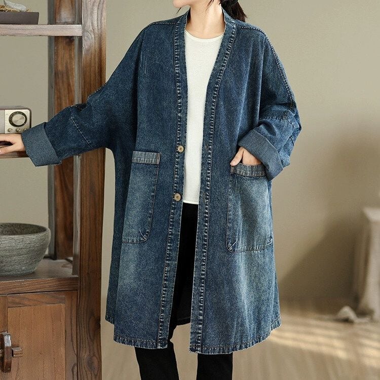 BLUE DENIM V-NECK COLLARLESS MIDI COAT 1color M-14949