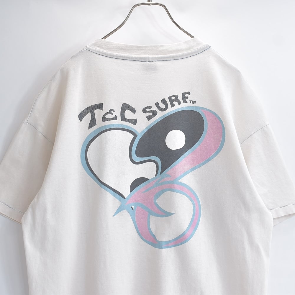 90s アメリカ製 T&C SURF タウン&カントリー サーフ 半袖 Tシャツ クルーネック ブリーチ カスタム 陰陽 ハート バックプリント オールドサーフ ステッチ USED ヴィンテージ ビンテージ 古着 メンズ XL相当