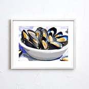 ムール貝のある食卓｜ブルーとオレンジが織りなす美食アートポスター｜キッチンやダイニングを彩る上質なモダンインテリアA2ポスター