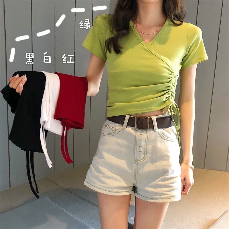 ニッチなVネックドローストリング半袖Tシャツレディース2020夏新作スリムホワイトTシャツショートトップインタイド 1号婦人86004551620