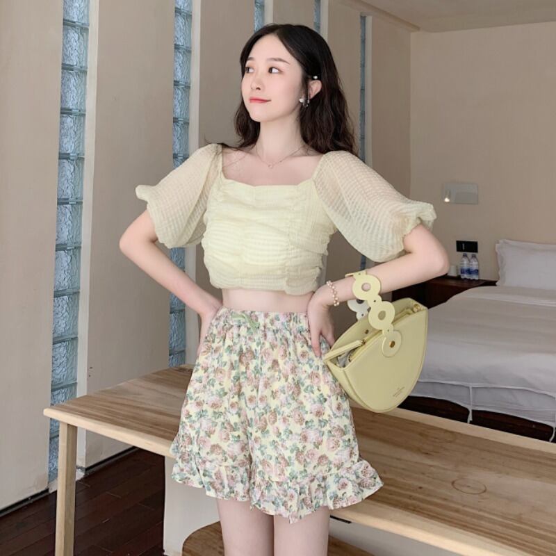 サマースタンダードショートシャツ ハイウェストウェストワイドレッグショーツ レトロ 夏物 ブルマー ワイドパンツ ハンチェンe52457398588