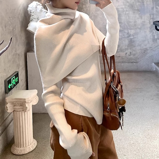 タートルネックケープリブニットアンサンブル［S-M］