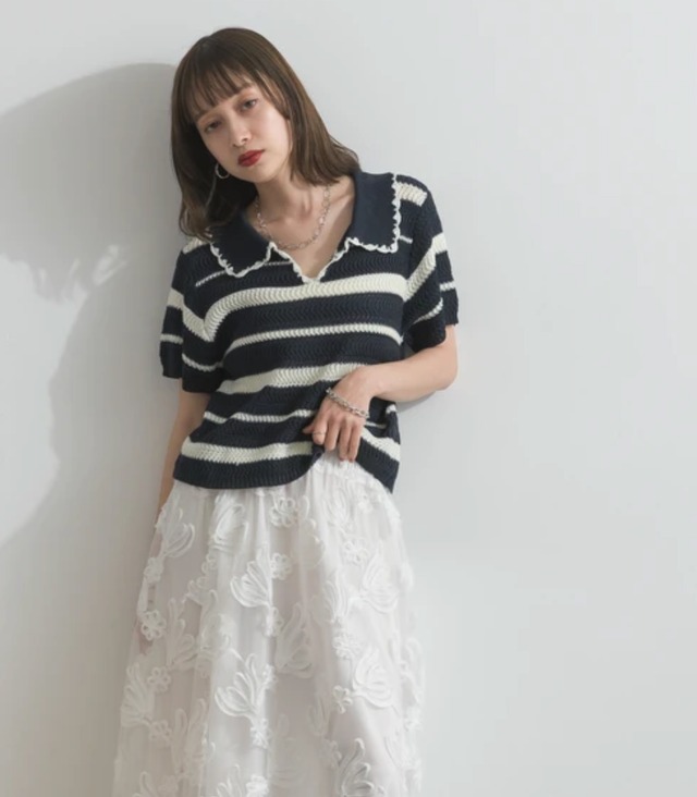 ナンバーミーTOKYO" MESH BORDER MARIN KNIT" NAVY