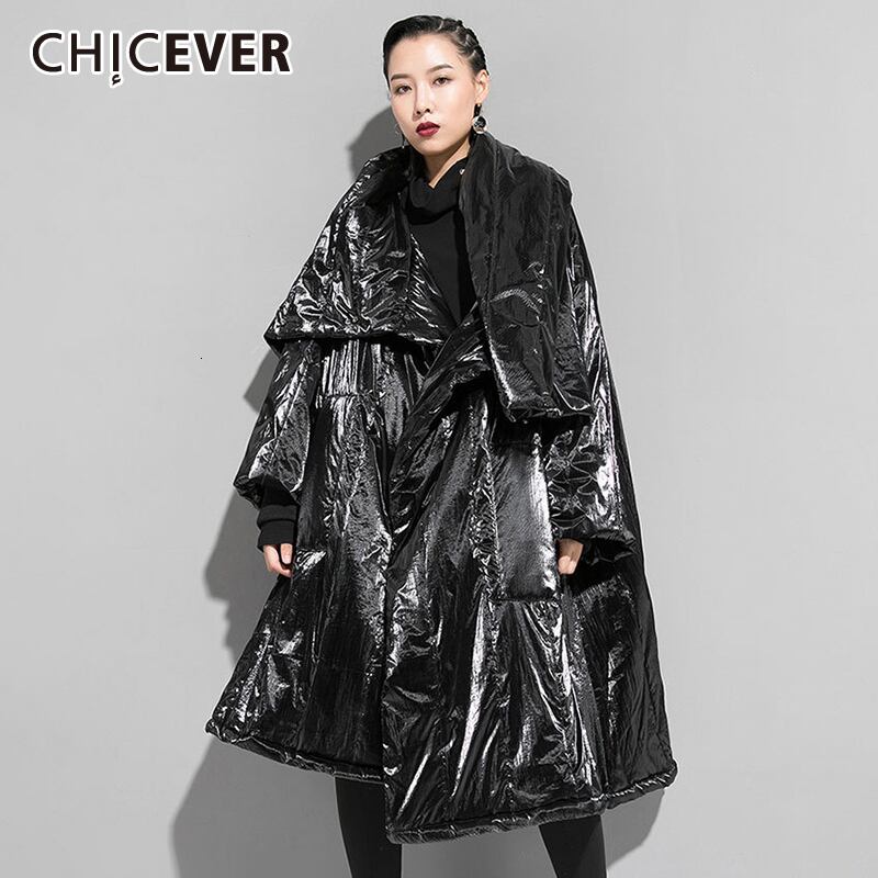 CHICEVERブラックパーカスレディース非対称カラー長袖ルーズオーバーサイズコットンライナーコート2020冬 ロング ウィンター 冬物 6base537035814241