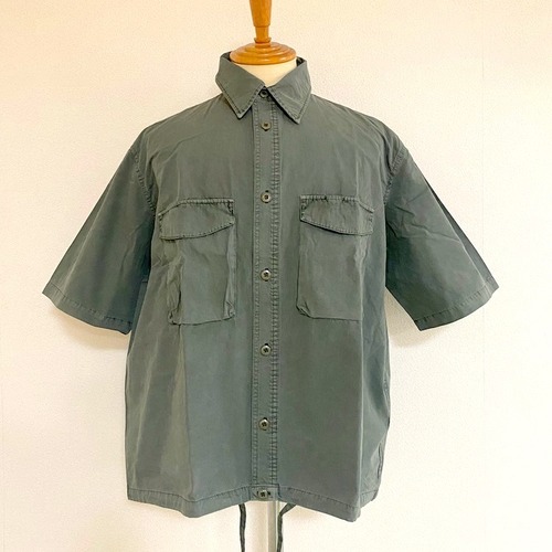 Pigment Horse Cloth Drawstring Balloon Half Sleeve Work Shirts　Olive