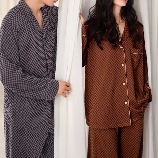 【men's】check pattern cardigan style pair pajamas p1109