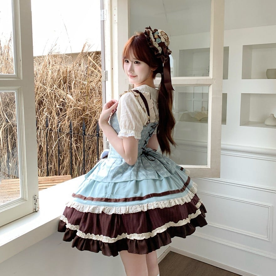 甘ロリ チョコミント配色 小帽子付きジャンパースカート（バック
