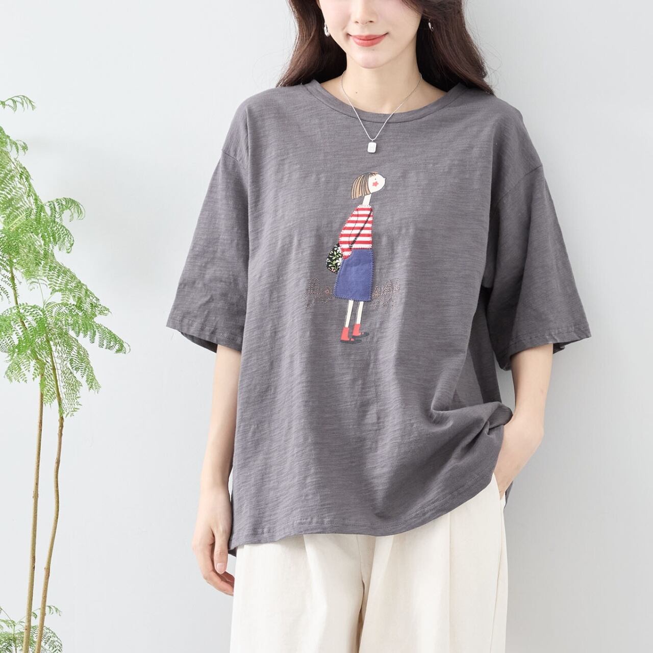 新作][TRUBE]スラブ綿ガールズデザインTシャツ カットソー ラウンド