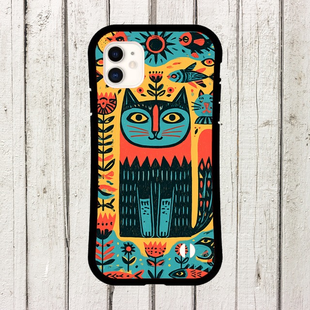 受注生産 iPhoneケース 猫顔と花のサイケ民芸｜猫モチーフ PSYF011B