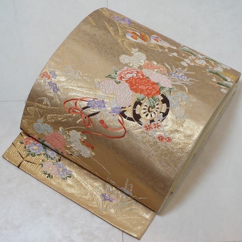 西陣織 純金箔二重織 花車 鴛鴦 袋帯 金糸 ベージュ 173 | kimono Re:和 [online store] キモノリワ 着物 帯