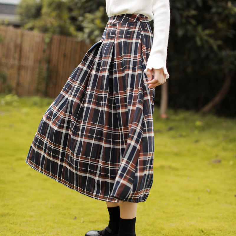 秋 冬 レディース プリーツスカート チェック柄 ミドル丈 ハイウエスト
