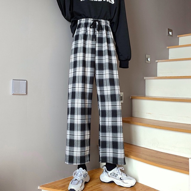 パンツ スプリングオータムハイウェスト格子柄薄手ルーズカジュアル 春物 秋物 試着室75651629246