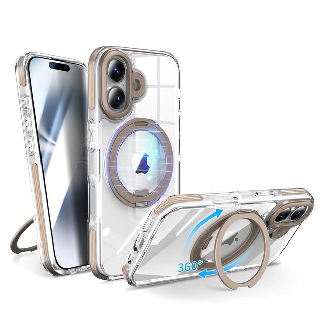 KWATUNG iphone 16 用 ケース クリア MagSafe対応 アイフォン16 用ケース 360°回転スタンド【デザートチタニウム】