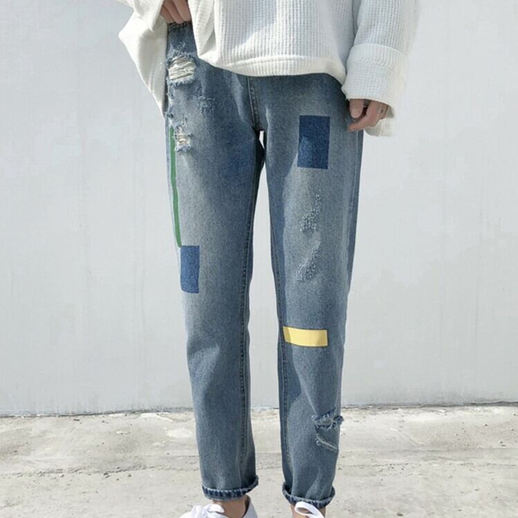 全1色 デニム パンツ ストレート カジュアル サイドライン