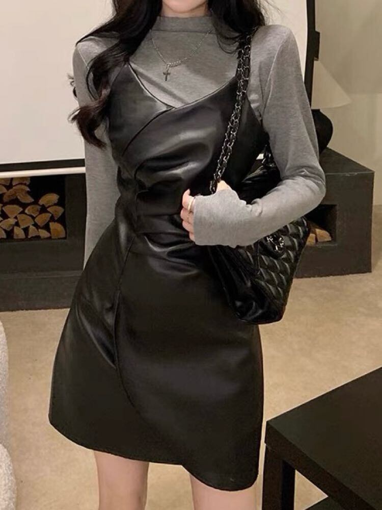 女度上がる魅せスタイル ハイネックトップス×フェイクレザーミニワンピース セット 2点セット コーデ レザー ミニ丈 お洒落 大人可愛い きれいめ 細見え 大きいサイズ 韓国 CH9468