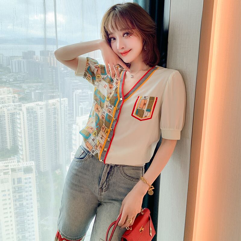 プリントボタンVネックルーズスタイルシャツ サマー 夏物 ステッチ MIUCO11029610132