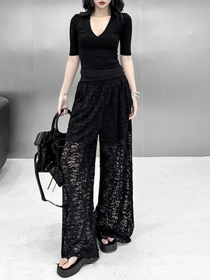 Loose fit sheer lace panel pants  [T2910]