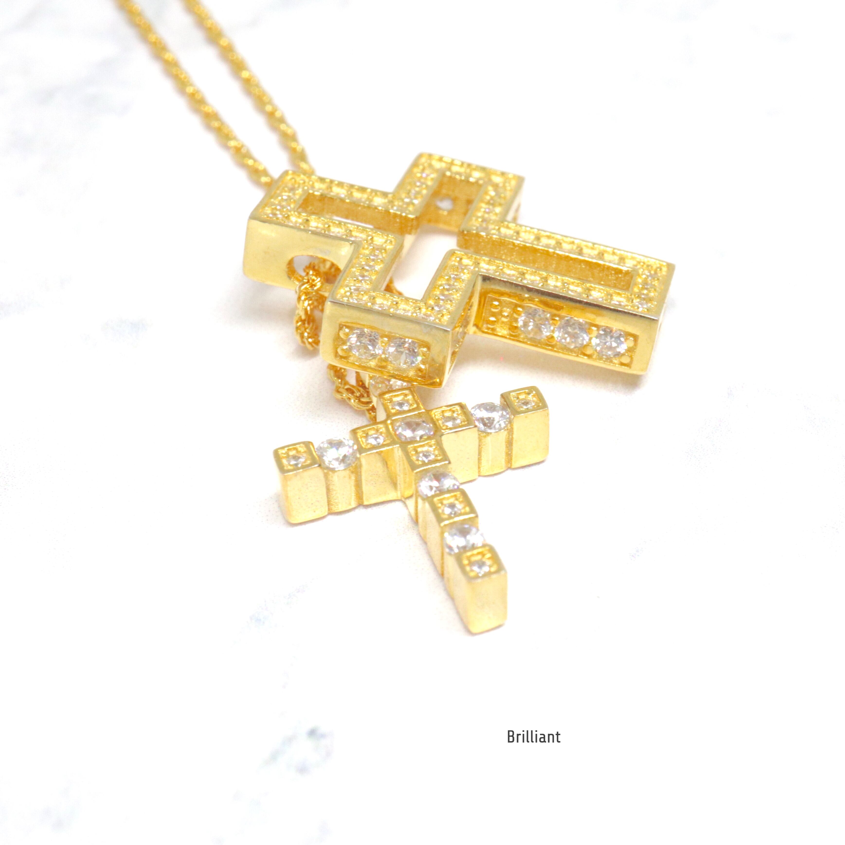 【即日発送】GP side stone double cross necklace