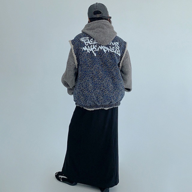 boa leopard denim vest　ボアレオパードデニムベスト　J1580