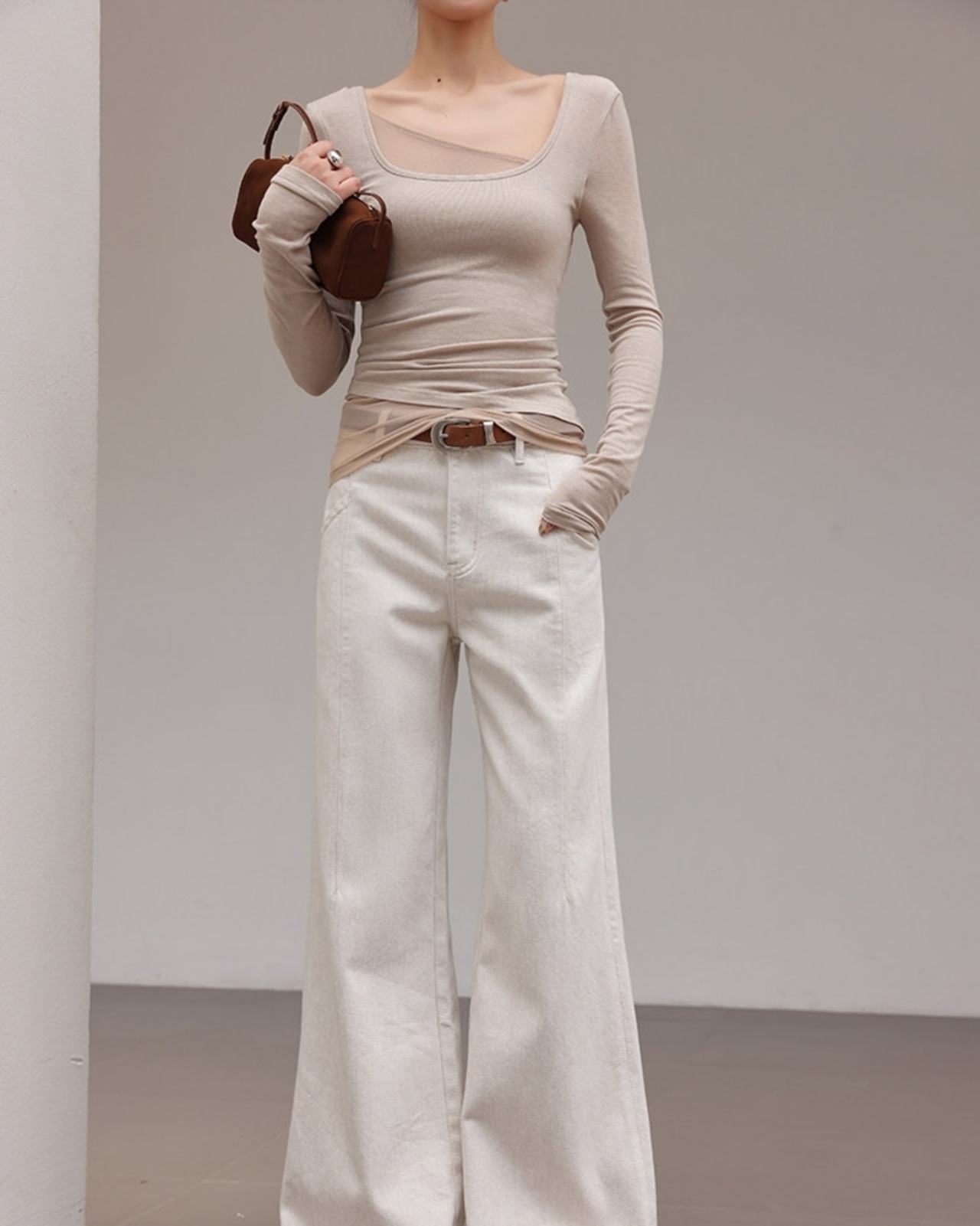 Asymmetrical collar two-tone tops L0173