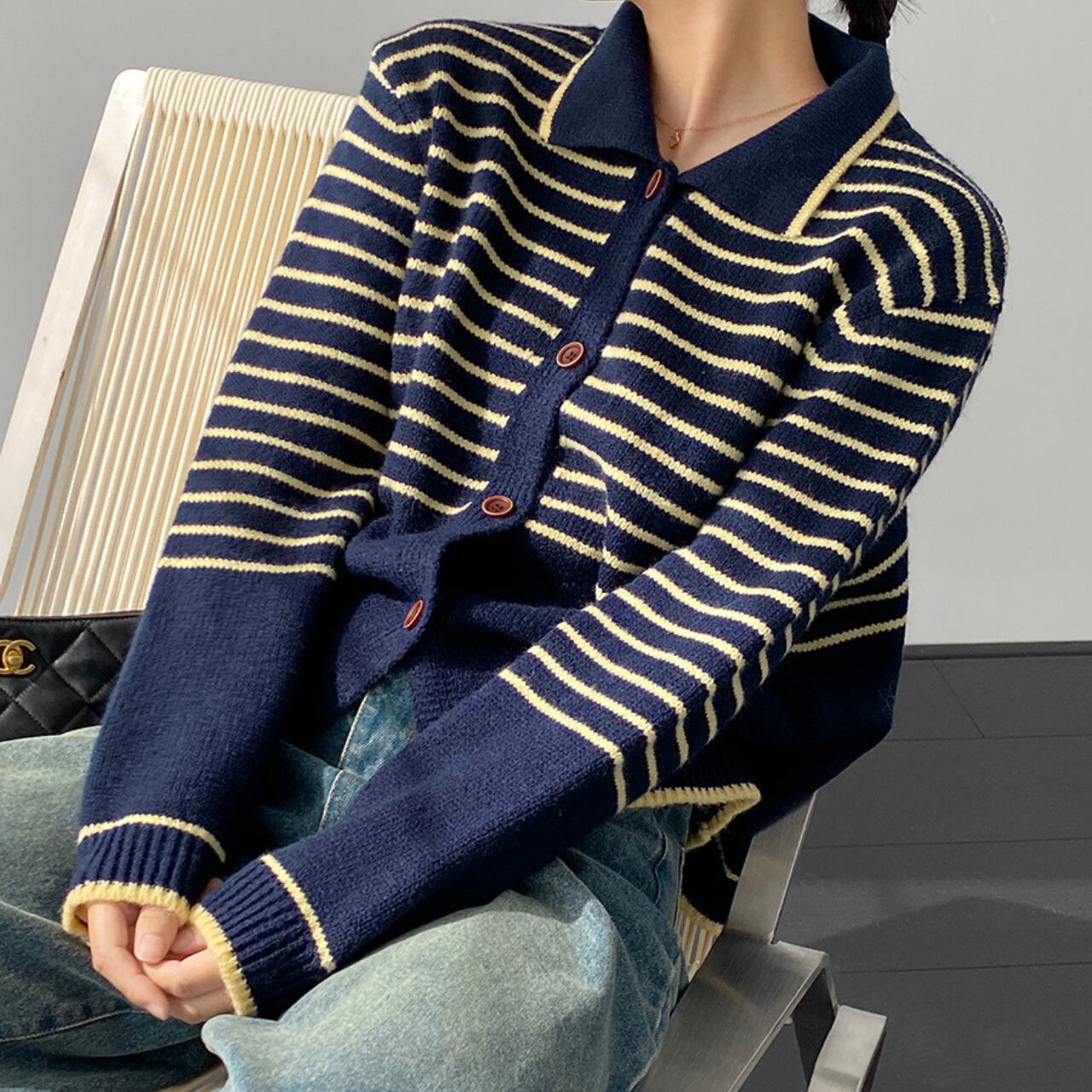 ボーダーニットカーディガン a0564