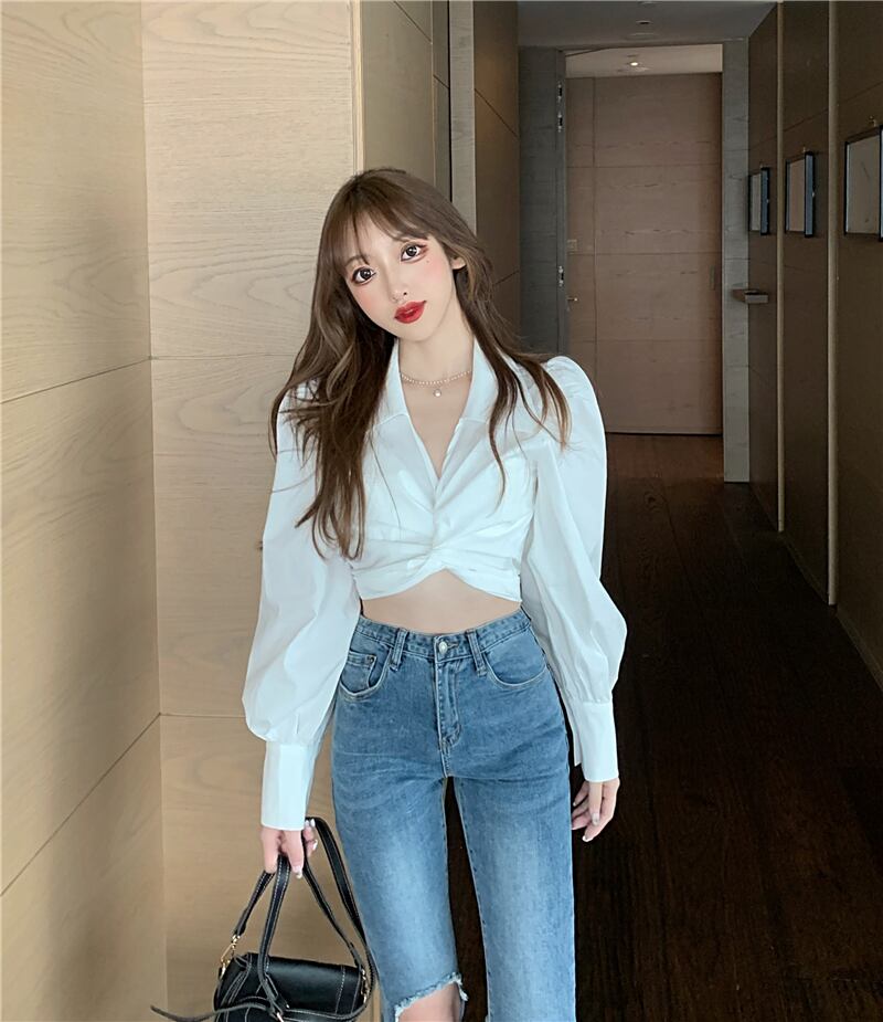 スタンダードスタイルクロスホワイトシャツ オータムスリーブトップス ロング ランタンスリーブ レトロ レース 秋物 ブラックストロベリース94747288971