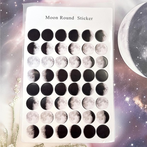 【 ムーン ラウンド ステッカー 】48枚×2シート 月 満ち欠け 惑星 宇宙 銀河 プラネット 満月 新月 スピリチュアル シール 文具 装飾 パーツ 素材 カレンダー デコレーション インテリア おしゃれ モノトーン シール帳 シール交換 雑貨 デスク アイテム 文具 文房具