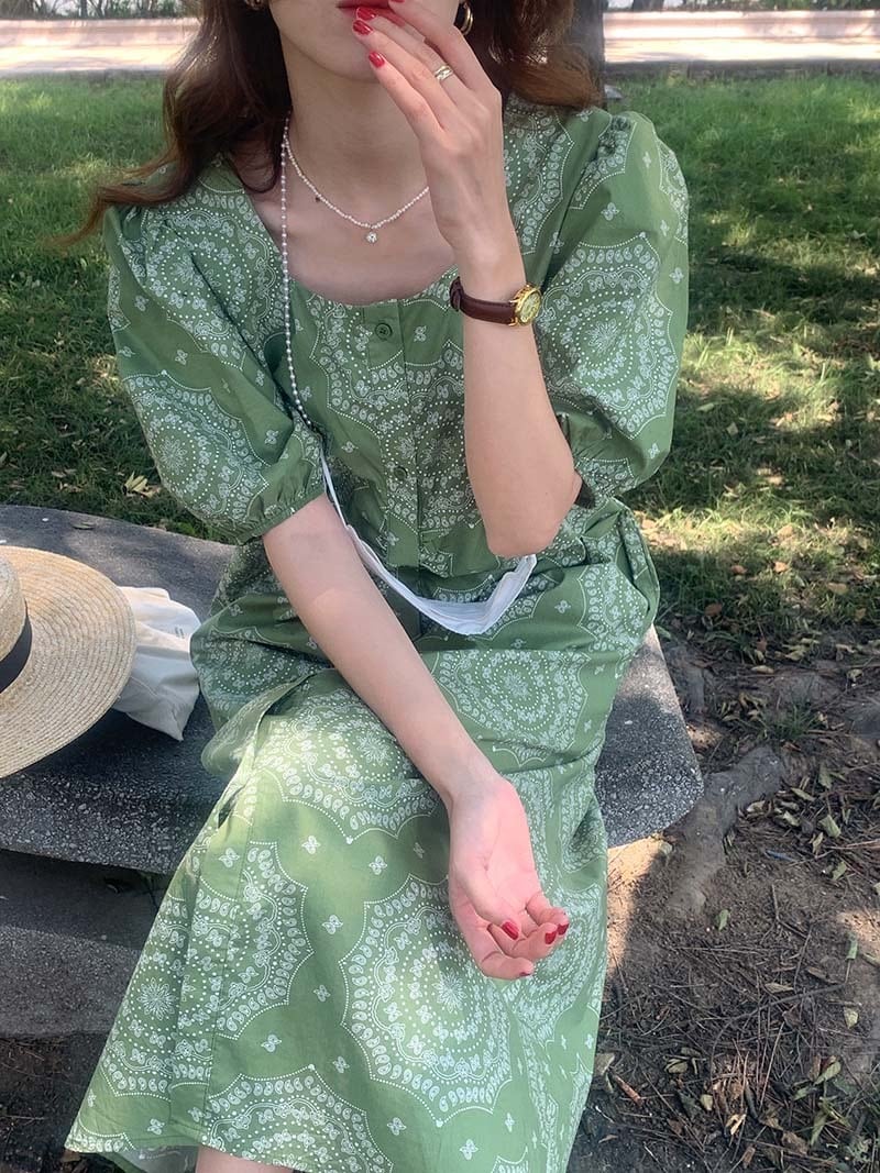 プリントスリーブドレス サマースタイルプリーツスカート 夏物 ビッグFスモールZ韓国77777733610