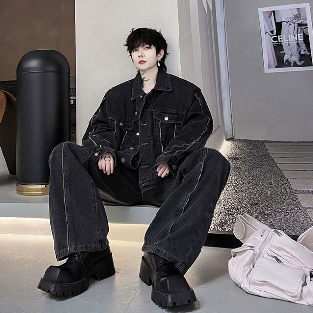 予約販売】メンズ セットアップ メンズ デニム カジュアル ブラック