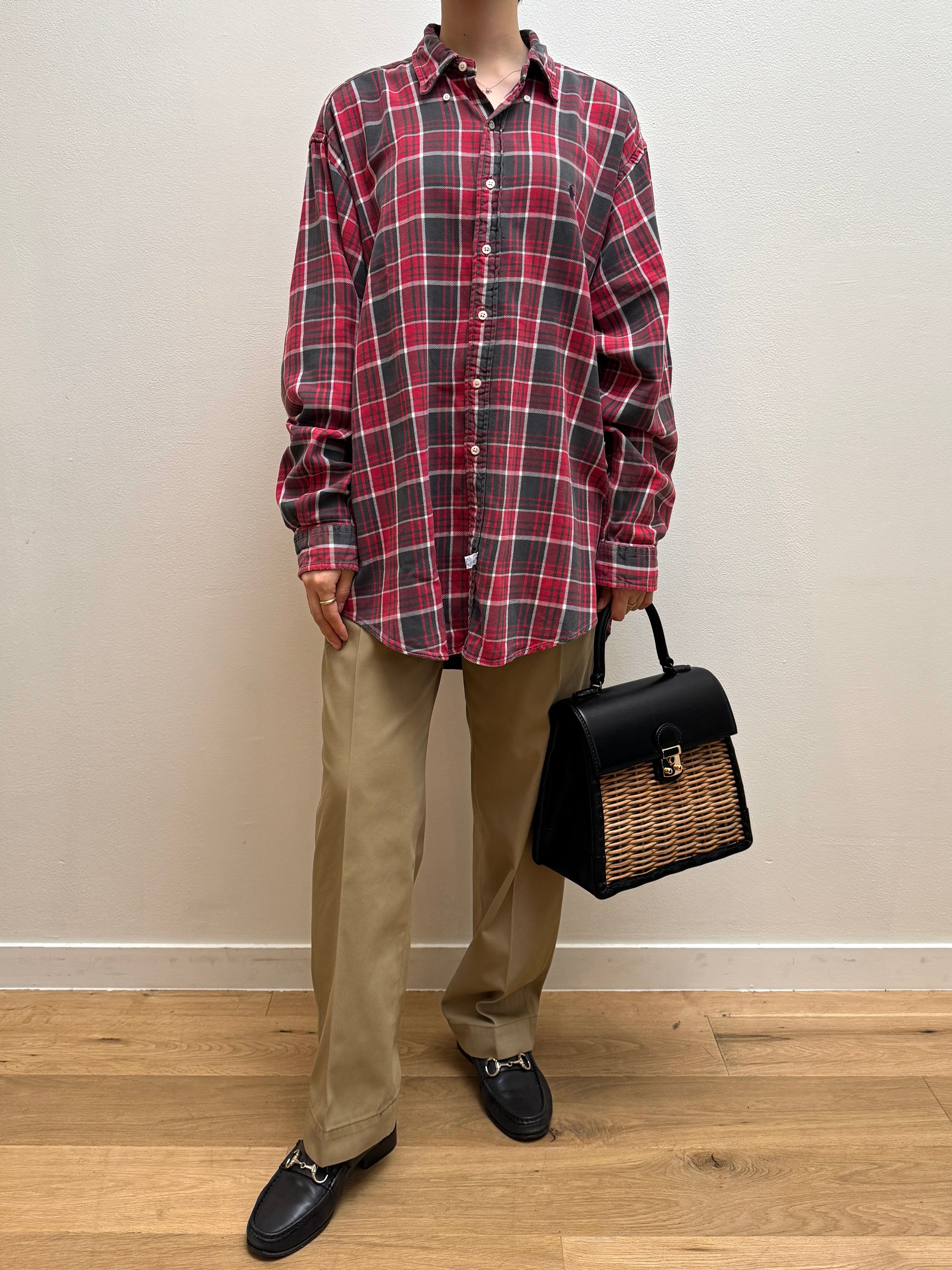 BL14-9 USED Ralph Lauren CHECK SHIRT "L" -RED×GRAY-