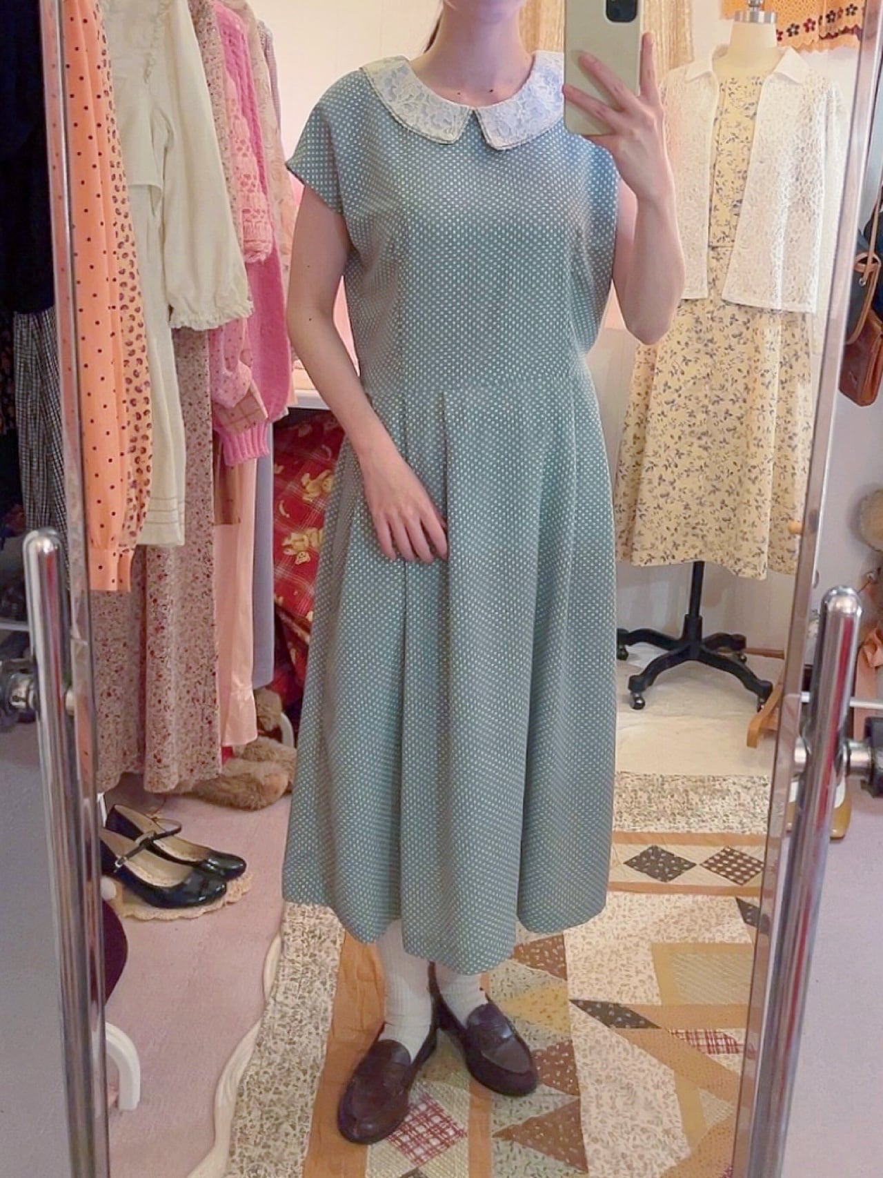 lace collar light green dot one-piece