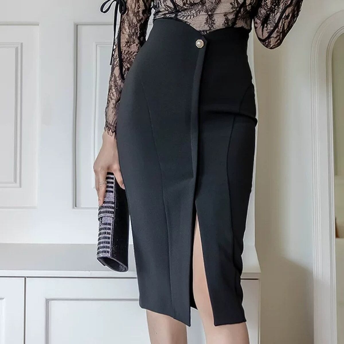 Buttoned Slit Tight Skirt(2color) V3577