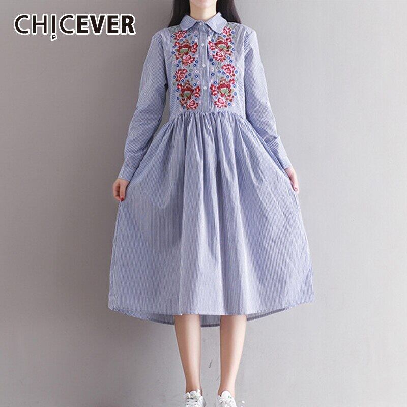 CHICEVERローズ刺繡ドレスラペル長袖ウエストストライプドレス女性2020服 ロング 刺繍 6base585022550975
