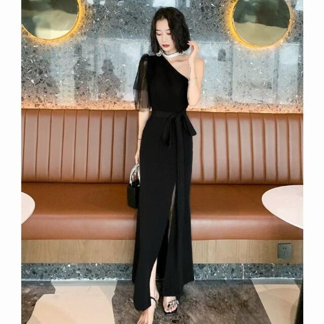 エレガント パーティードレス 黒 スリット ワンショルダー ファスナー  