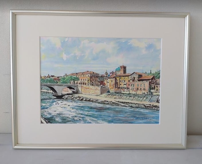 レイ　絵画　川勝茂弘 港 川勝茂弘「 ローマ・テレべ川」（イタリア） 水彩画 額縁外寸53.0x41