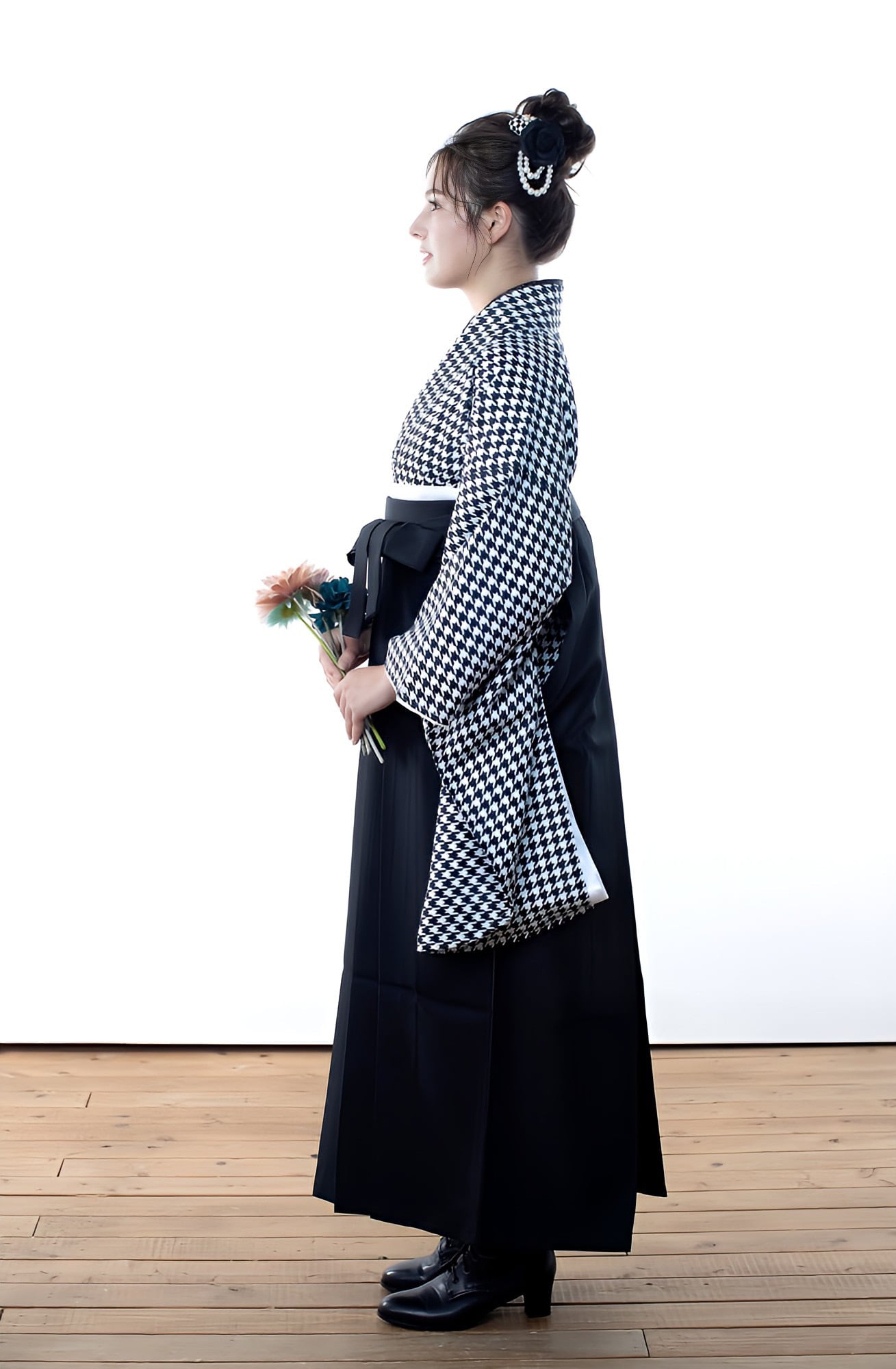 Kimono Sienne 卒業式袴3点セット 千鳥格子 黒 モノトーン 袴 二