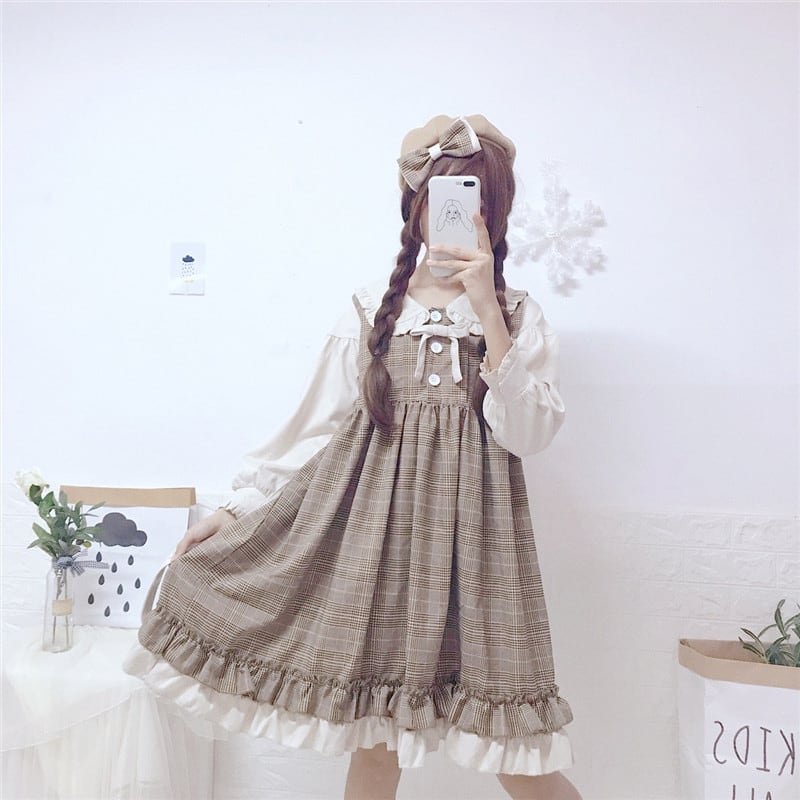 チェック柄ワンピース 可愛いワンピース レディースファション リボンカラー 長袖 膝丈 重ね着風 着痩せ 激安 綺麗め プリンセス デート 普段着 ブラウン Elegant