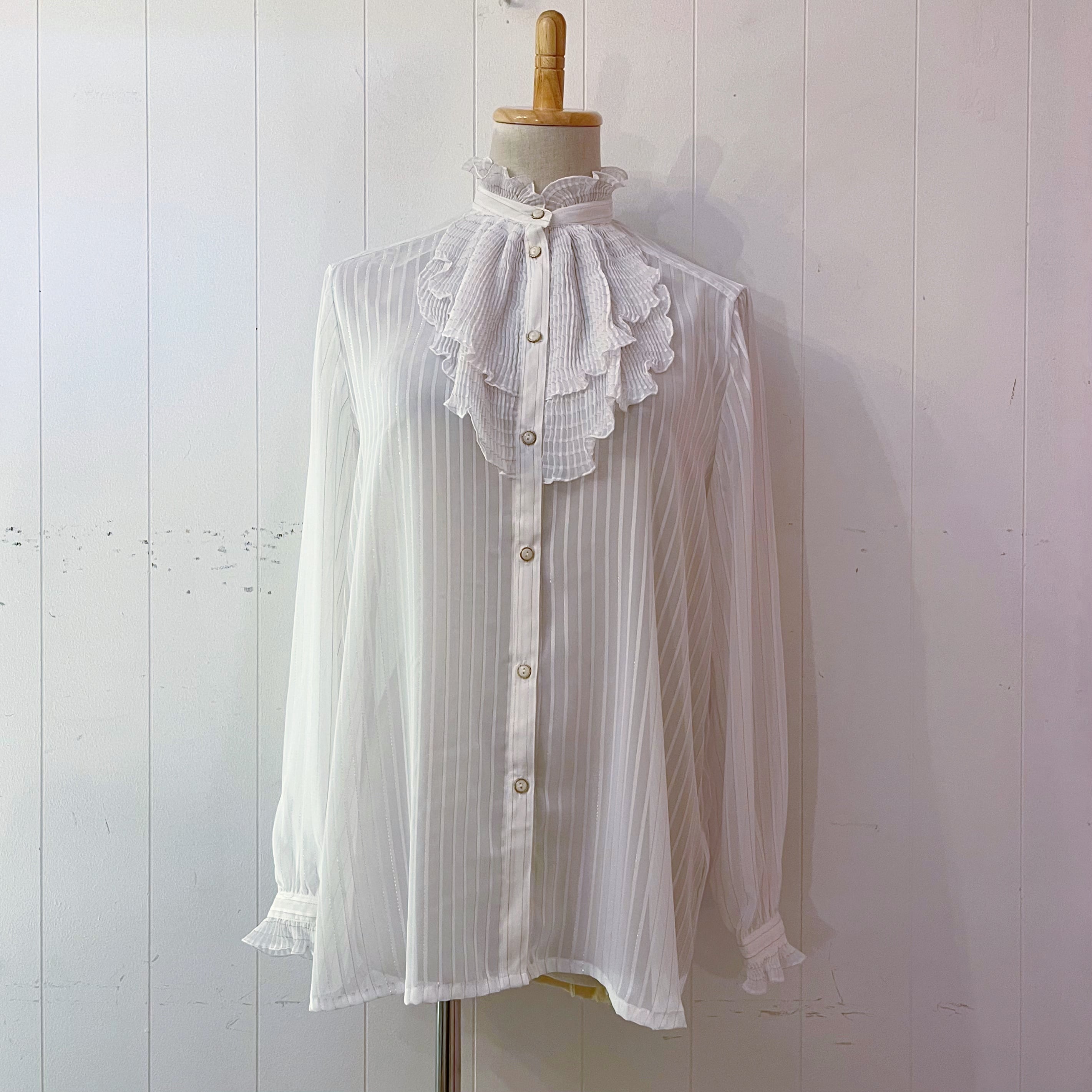 lame stripe sheer frill blouse