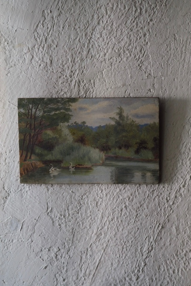 水辺の白鳥 小さな油絵-antique oil painting