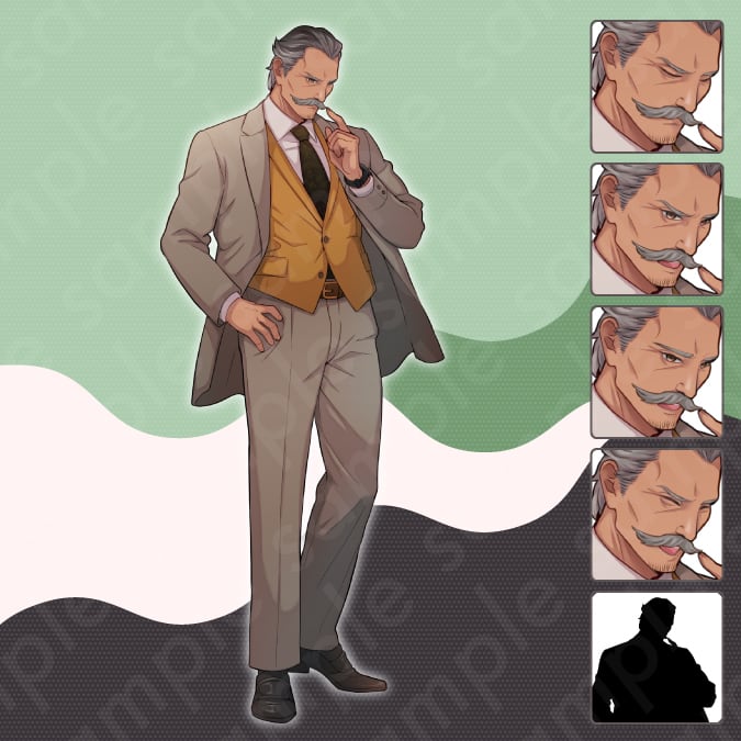 立ち絵素材】髭を生やしたスーツ姿の悪役風60代男性モブキャライラスト