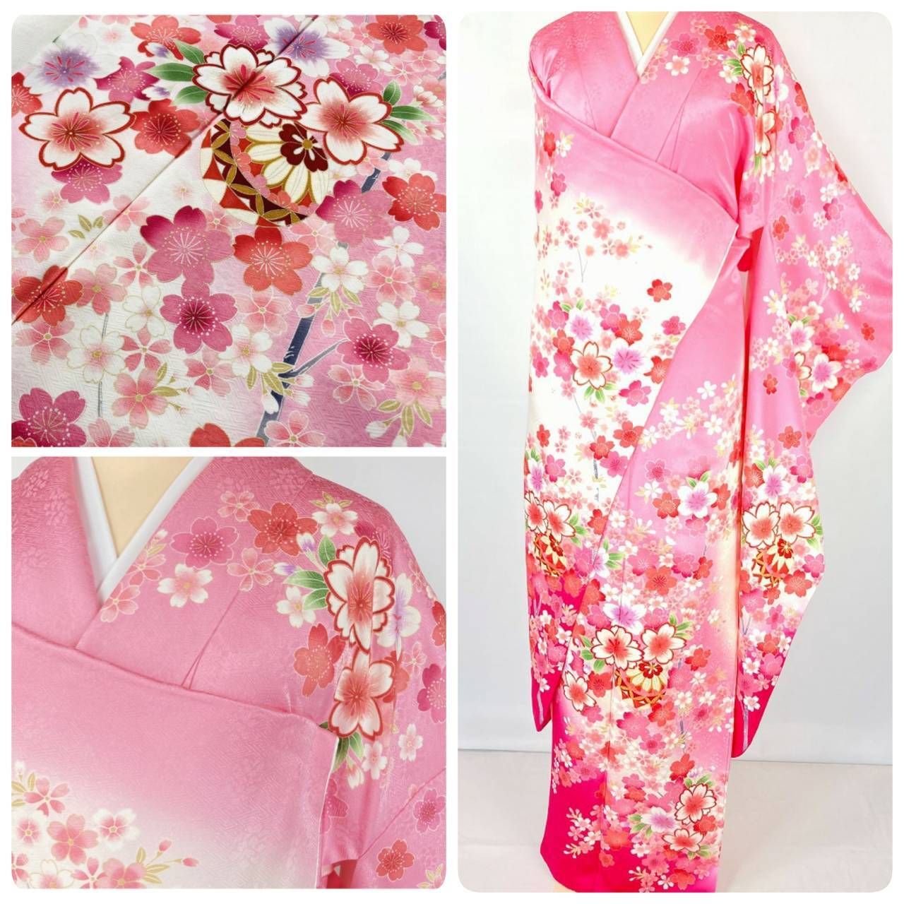 美品 京友禅 刺繍 金彩 振袖 桜 正絹 ピンク 白 紫 033 | kimono Re:和