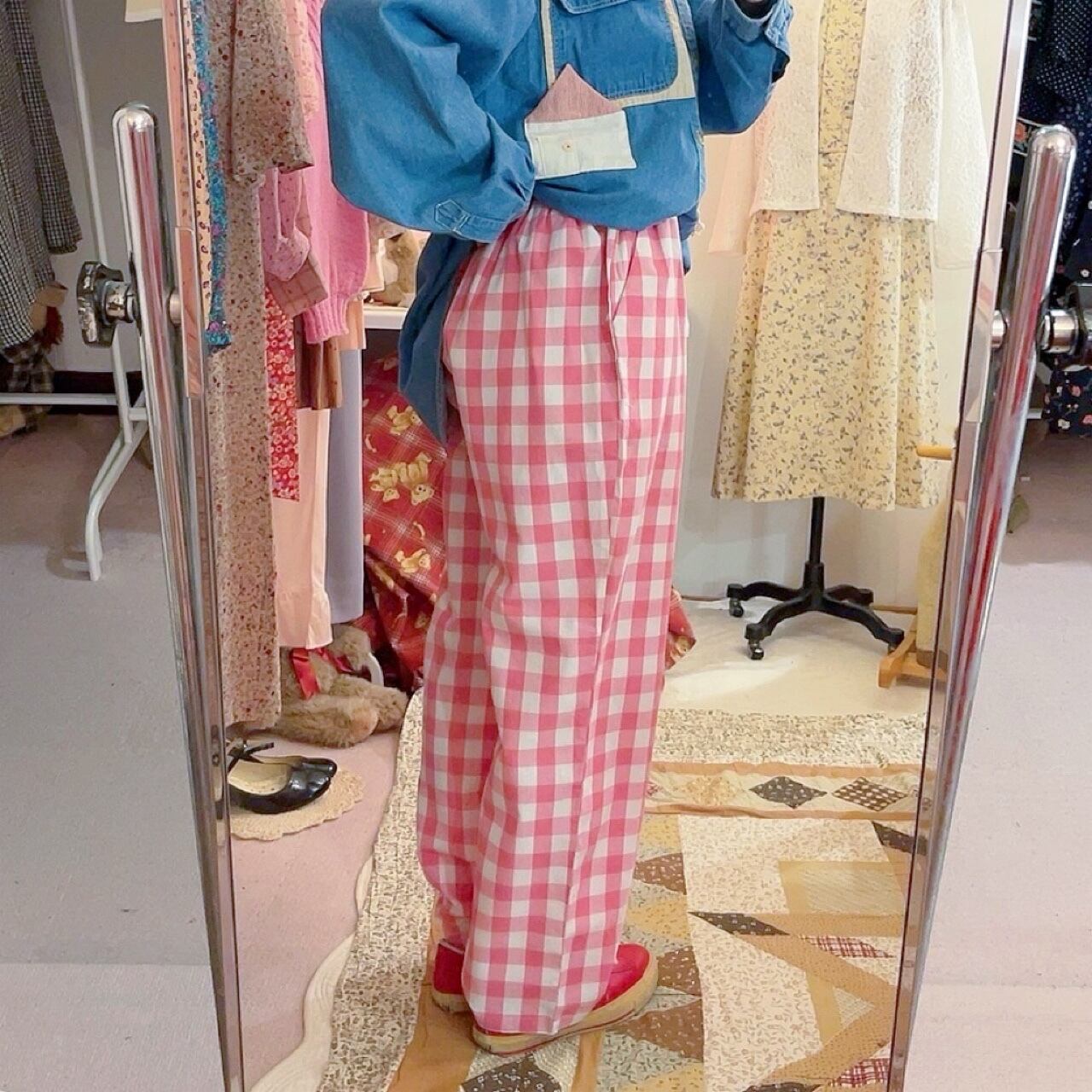 pink block check pants
