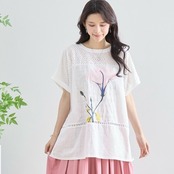 TRUBE レース＆フラワープリントチュニック風Tシャツ【L~LL】ホワイト