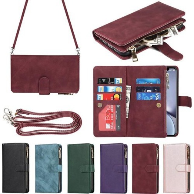 Eastwave アイフォンfor iPhone XR ケース for iPhoneXR 縄掛けケース 手帳型 財布型 ICカード コインポケット ストラップ付き カード 収納 小銭入れ ファスナーポケット付き PUレザー 6色 レッド 1036