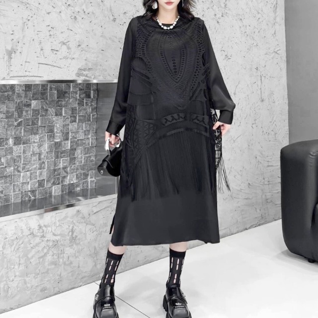 Black fringe overlay dress C1270