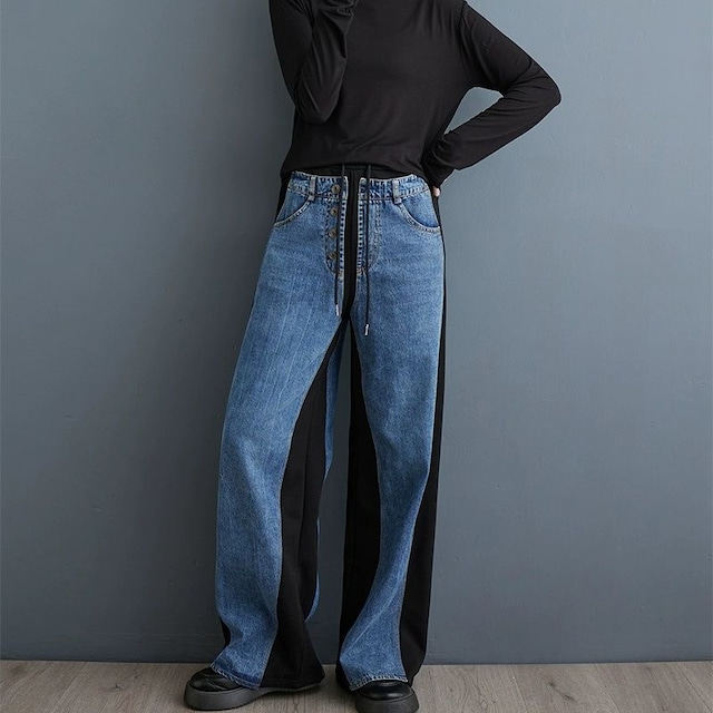 DENIM STITCH ELASTIC WAIST WIDE LEG PANTS 2colors M-8560